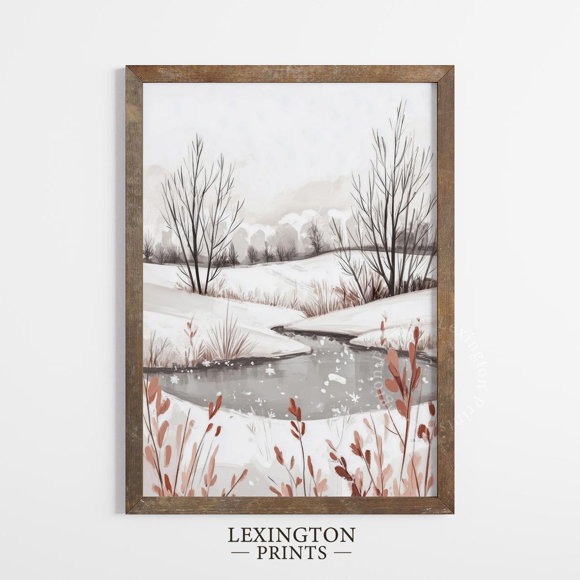 Snowy Winter Stream Bare Trees Watercolor Landscape Painting Poster - Image 4