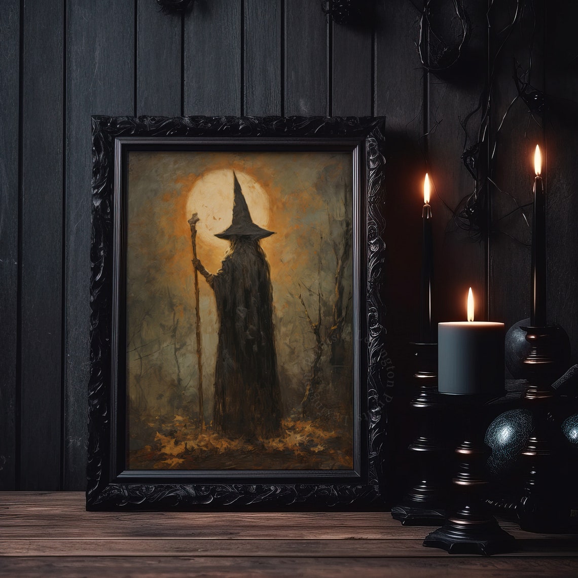 Mysterious Cloaked Wizard With Staff Standing Before Full Moon Poster - Image 5