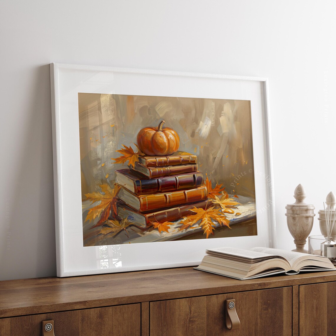 Stack of Vintage Books with Pumpkin Maple Leaves Oil Painting Fall Poster - Image 5