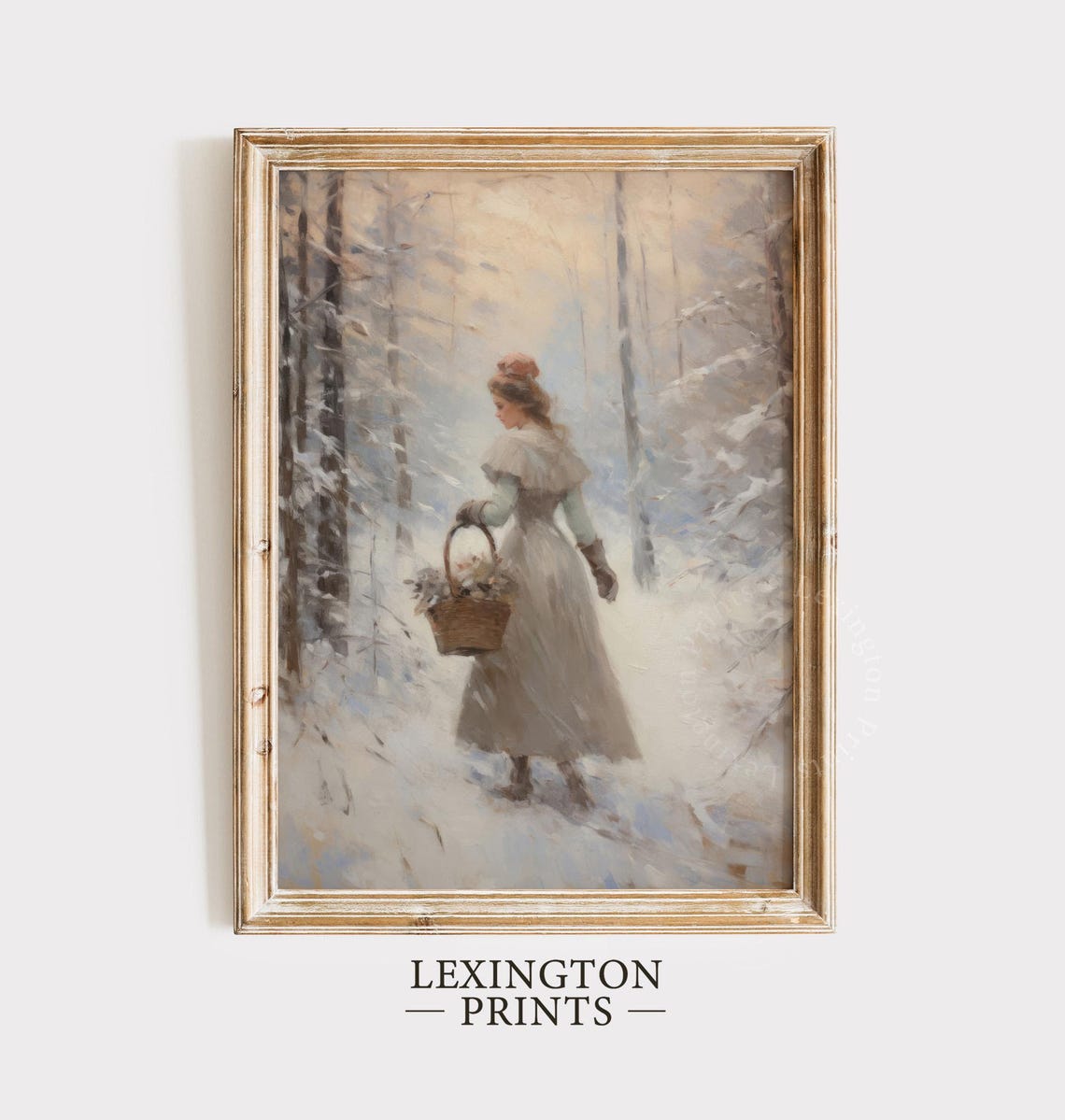 Woman Winter Forest Snowy Basket Vintage Moody Painting Poster - Image 6