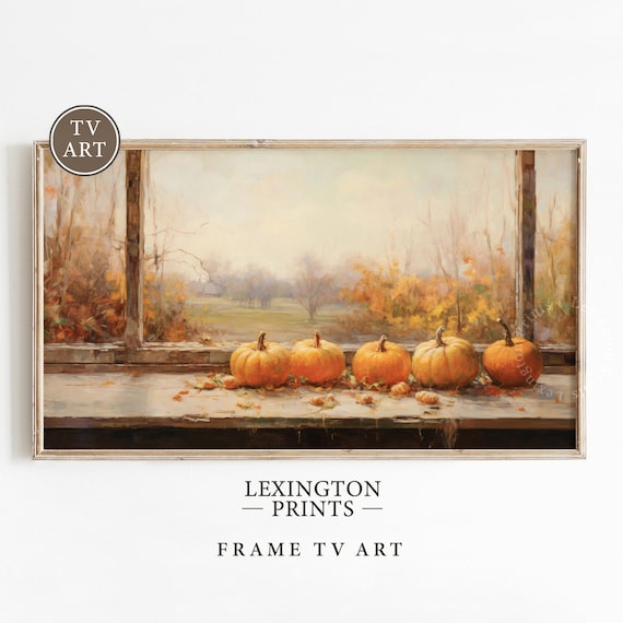 Five Pumpkins on Window Sill Autumn View Frame TV Art Fall Print