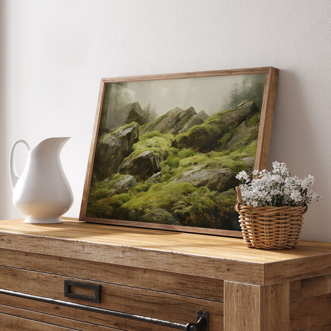 Moss Covered Rocks in Misty Green Forest Oil Painting Poster - Image 4