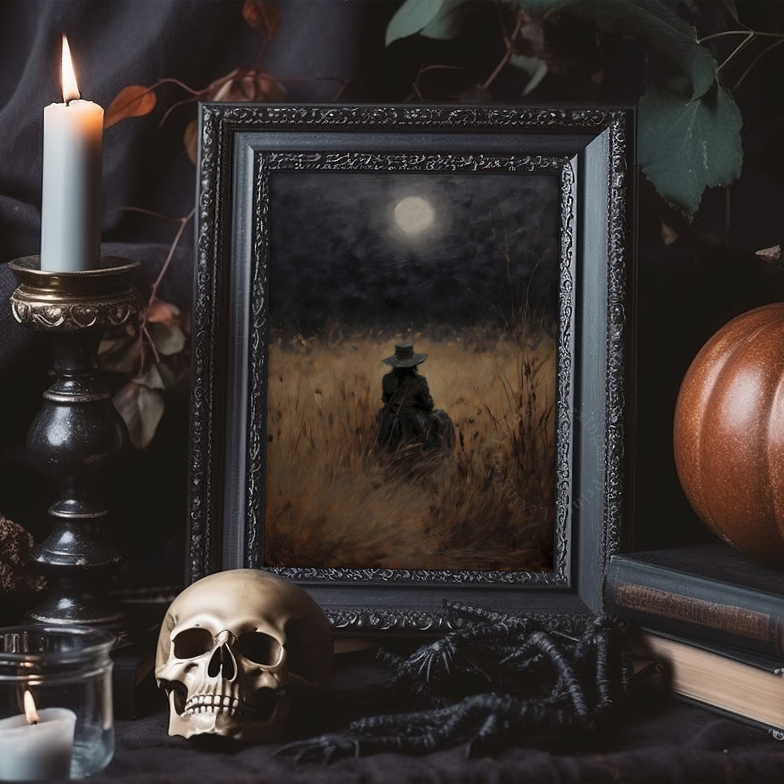 Woman in Wide Brim Hat under Full Moon in Night Field Poster - Image 4