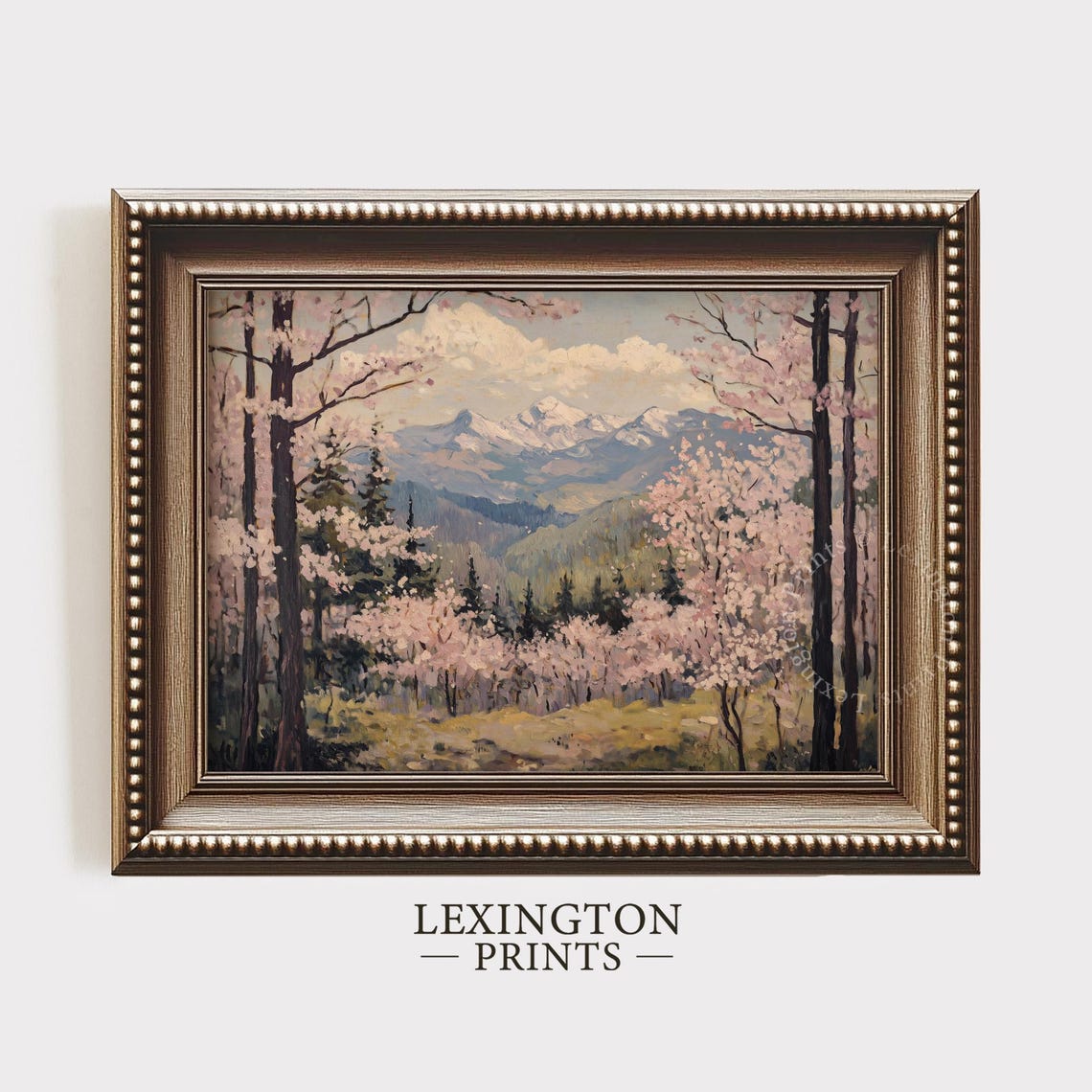 Cherry Blossom Grove with Dark Trunks and Snowy Peaks Wall Art - Image 5