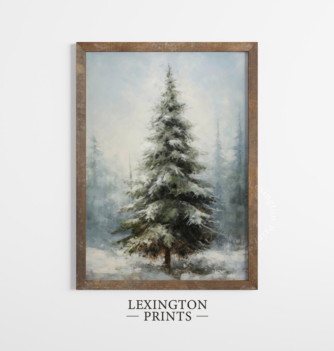 Snowy Pine Tree Winter Forest Foggy Landscape Vintage Painting Poster - Image 5