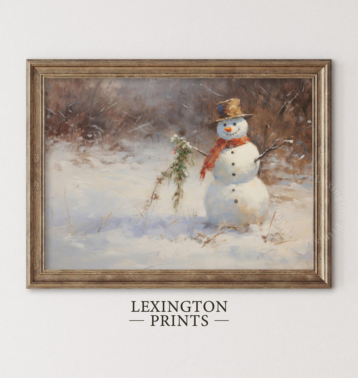 Snowman With Top Hat Red Scarf Winter Scene Christmas Art Poster - Image 2