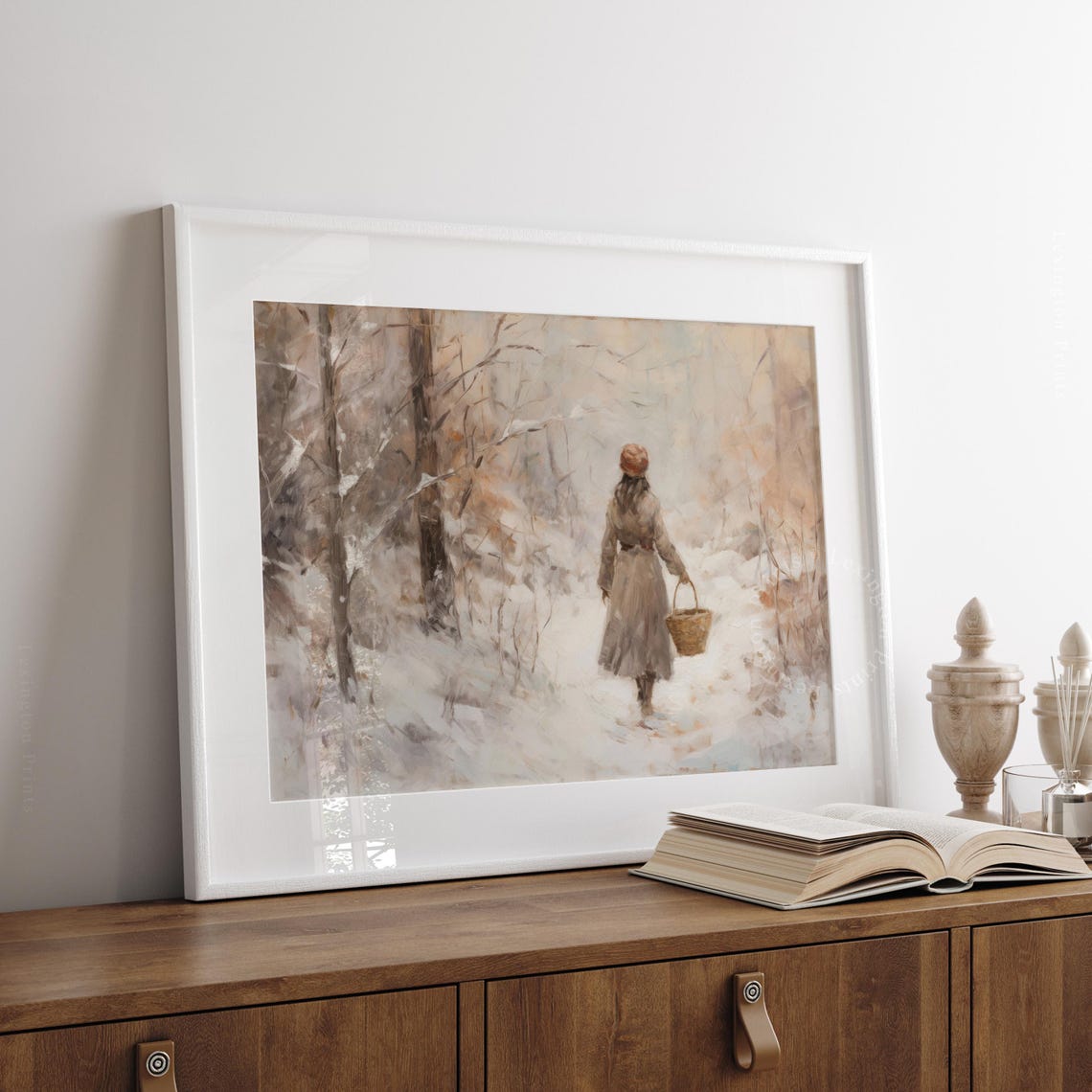 Girl With Basket Walking Snowy Forest Path Winter Scene Art Print - Image 3