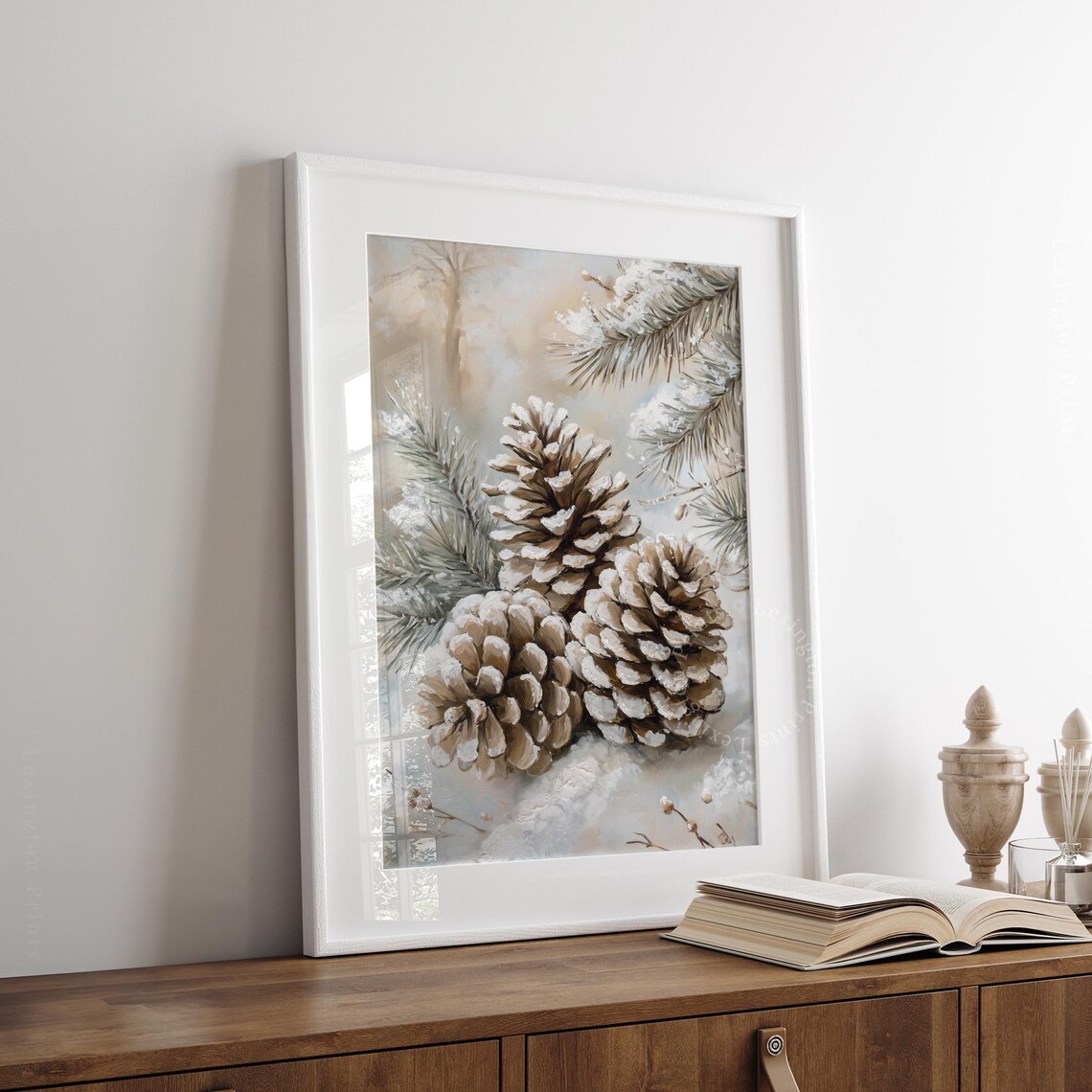 Snowy Pinecone Print, Neutral Farmhouse Christmas Art Print - Image 4