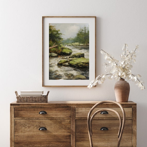 Landscape Painting Moss Wall Art Rustic Oil Painting Forest Wall Art Moody Wall Art River Nature Wall Art Dark Academia Art 209