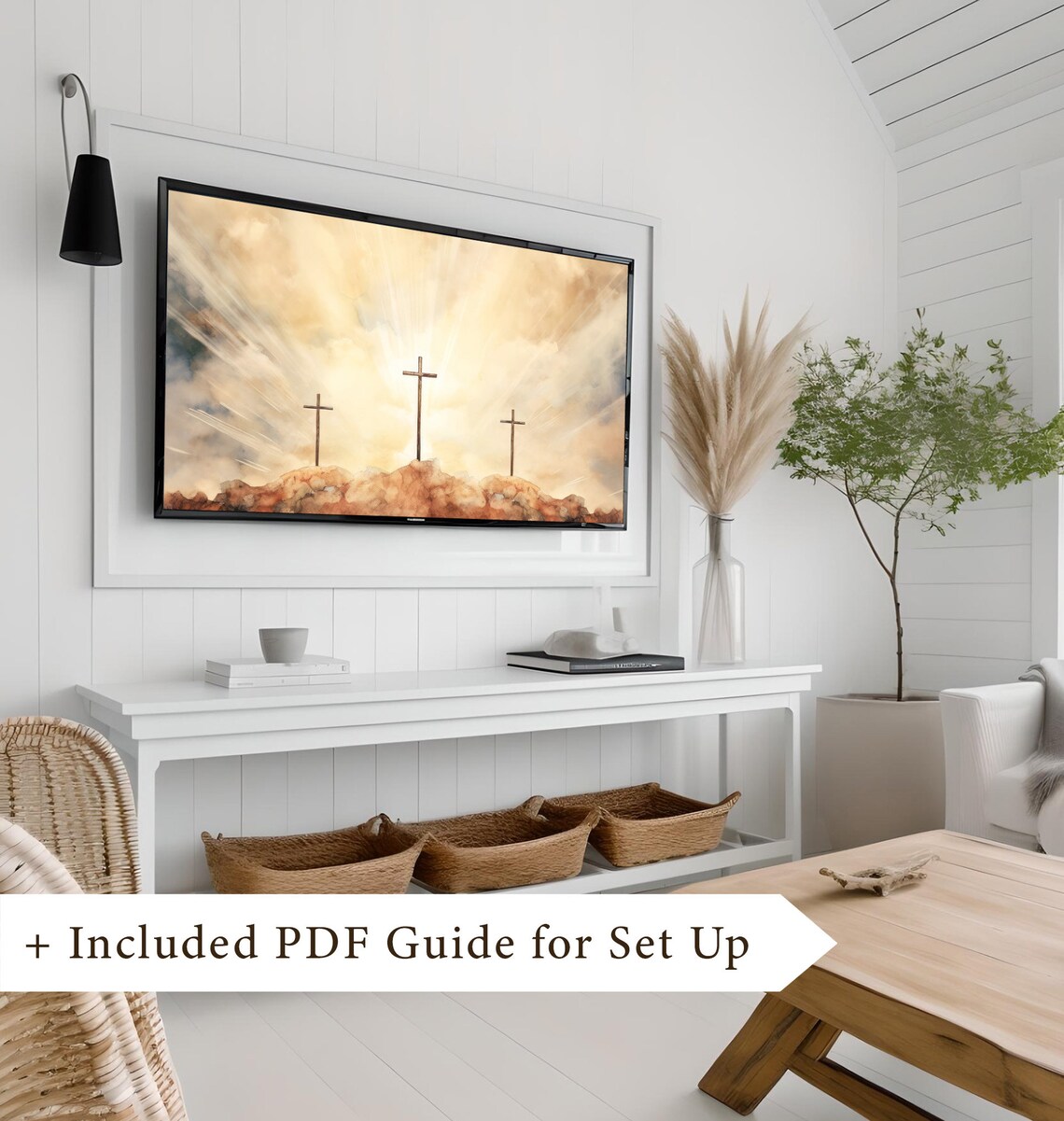 Three Crosses Of Calvary Golden Sunrise Watercolor Frame TV Art Poster - Image 8
