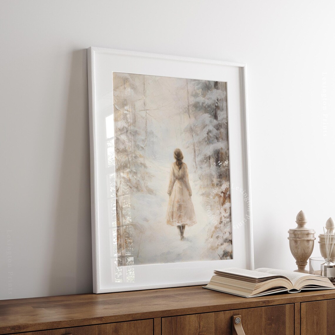 Woman in White Dress Walking a Snowy Forest Path Winter Poster - Image 7