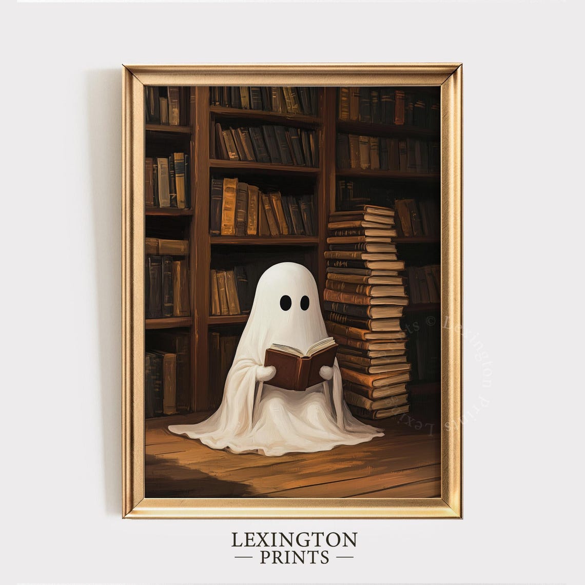 Cute Ghost Reading Book in Cozy Library Vintage Halloween Wall Art - Image 4
