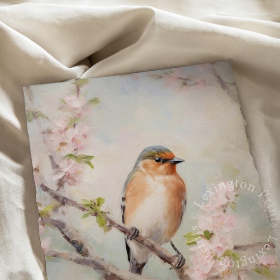 Spring Bird on Cherry Blossom Branch Watercolor Vintage Nursery Print