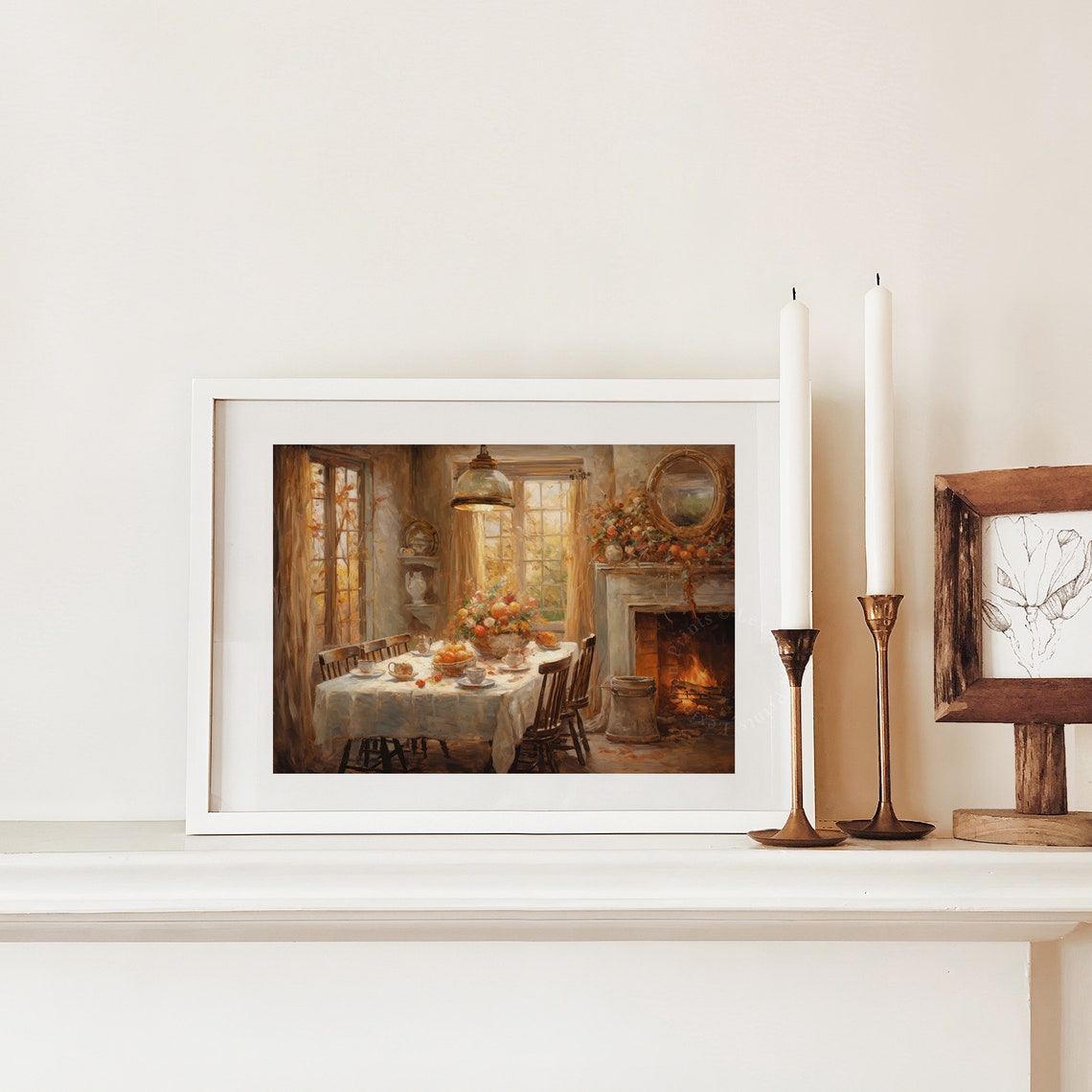 Cozy Autumn Dining Room with Fireplace Warm Fall Kitchen Wall Art - Image 2