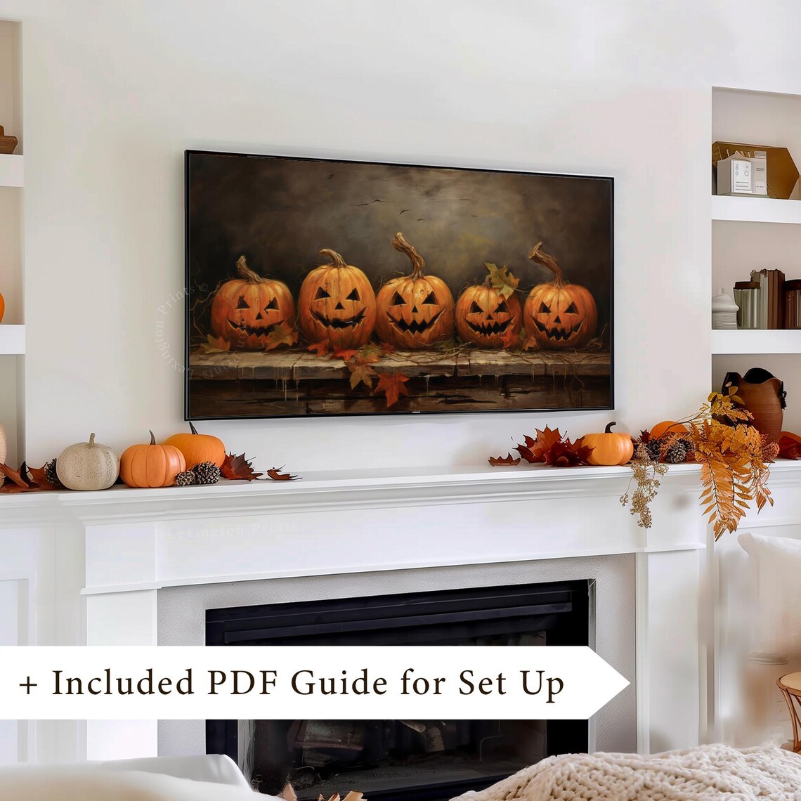 Five Jack O Lanterns Row Carved Pumpkins Wooden Ledge Halloween Frame TV Art Poster - Image 8