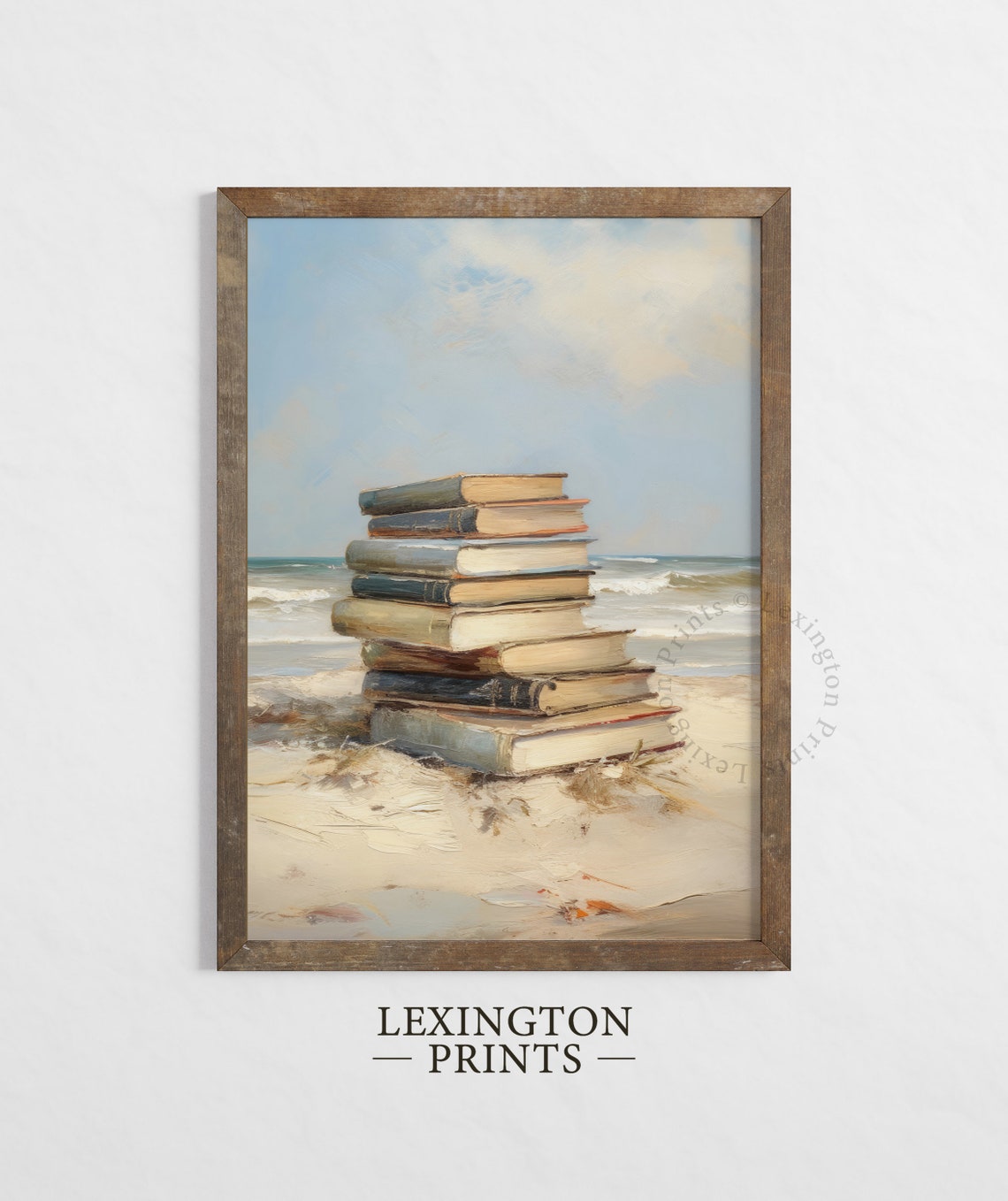 Stack of Vintage Books on Sandy Beach Ocean Painting Wall Art - Image 2