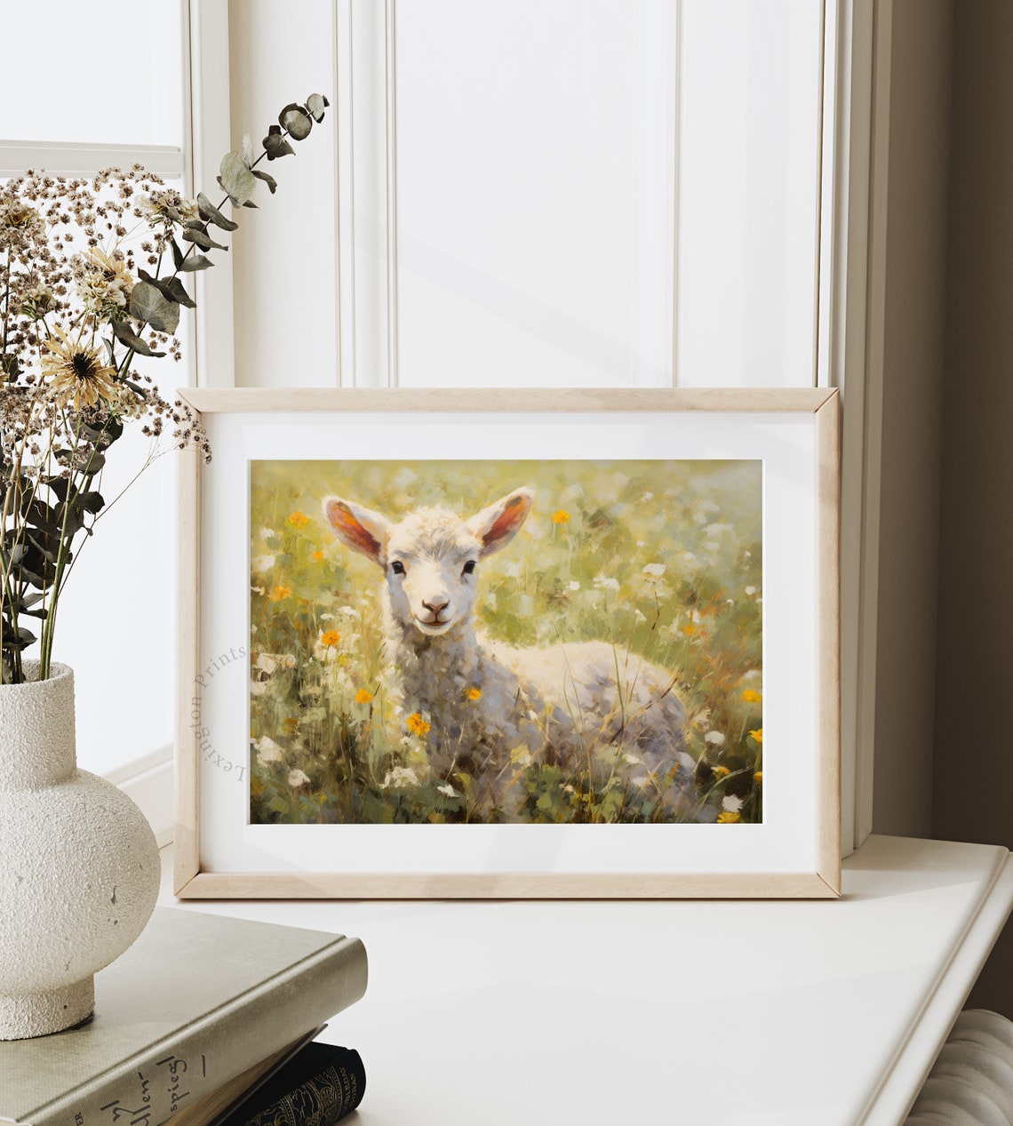 Adorable Lamb Standing in Sunny Wildflower Meadow Vintage Art Print