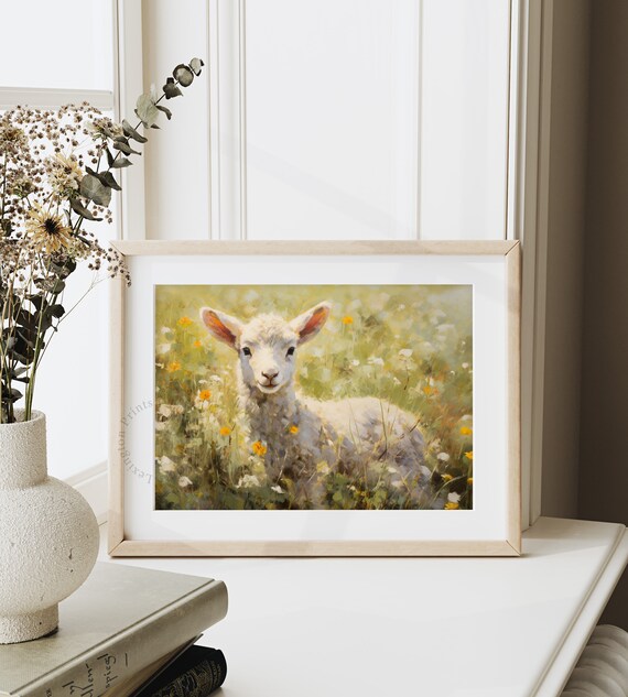 Adorable Lamb Standing in Sunny Wildflower Meadow Vintage Art Print