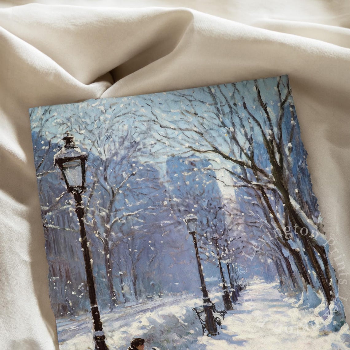 Snowy Park Path Winter Lamppost Bench Impressionist City Park Poster - Image 7