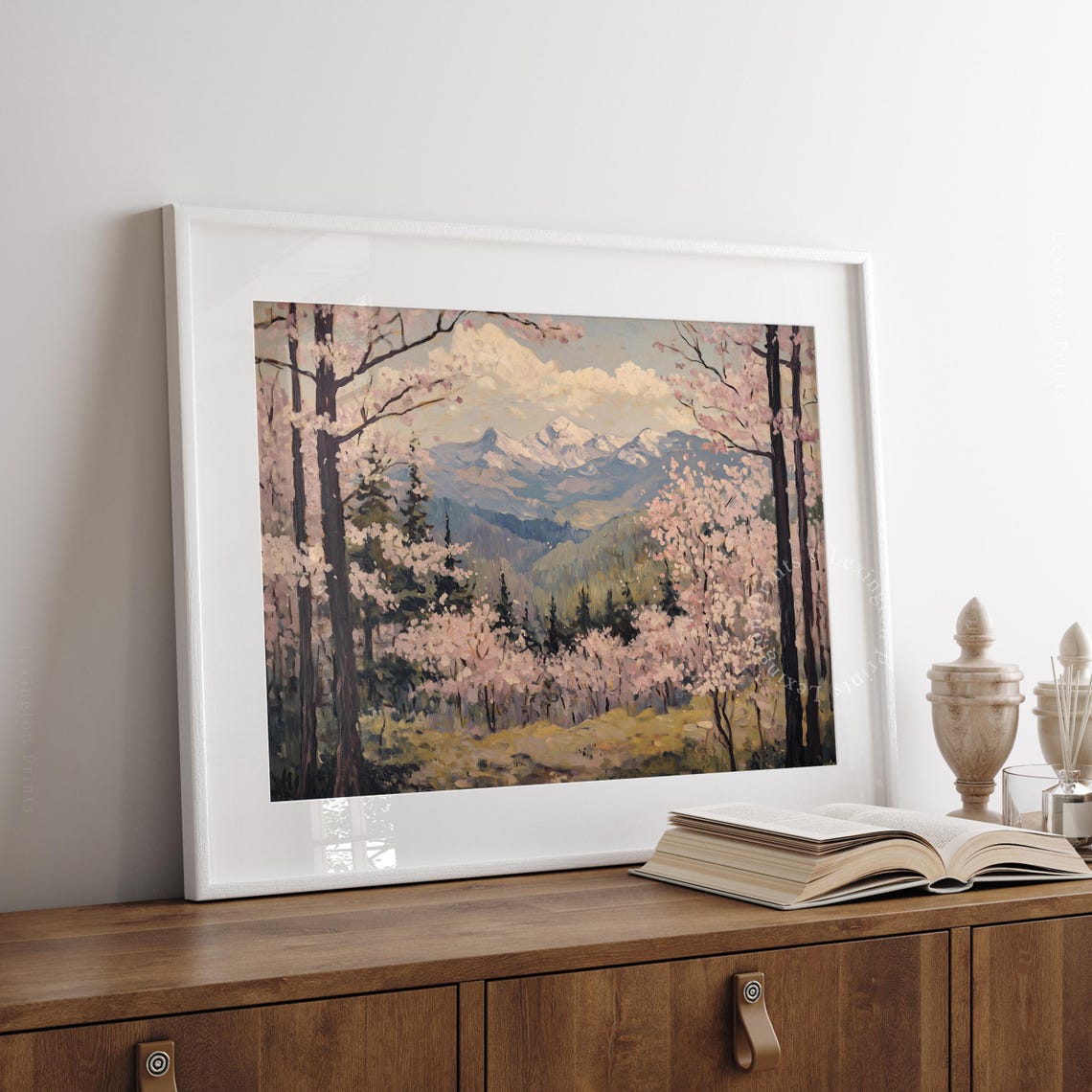 Cherry Blossom Grove with Dark Trunks and Snowy Peaks Wall Art - Image 2