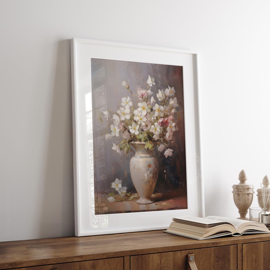 White Blossom Vase Soft Floral Still Life Painting Art Poster - Image 3
