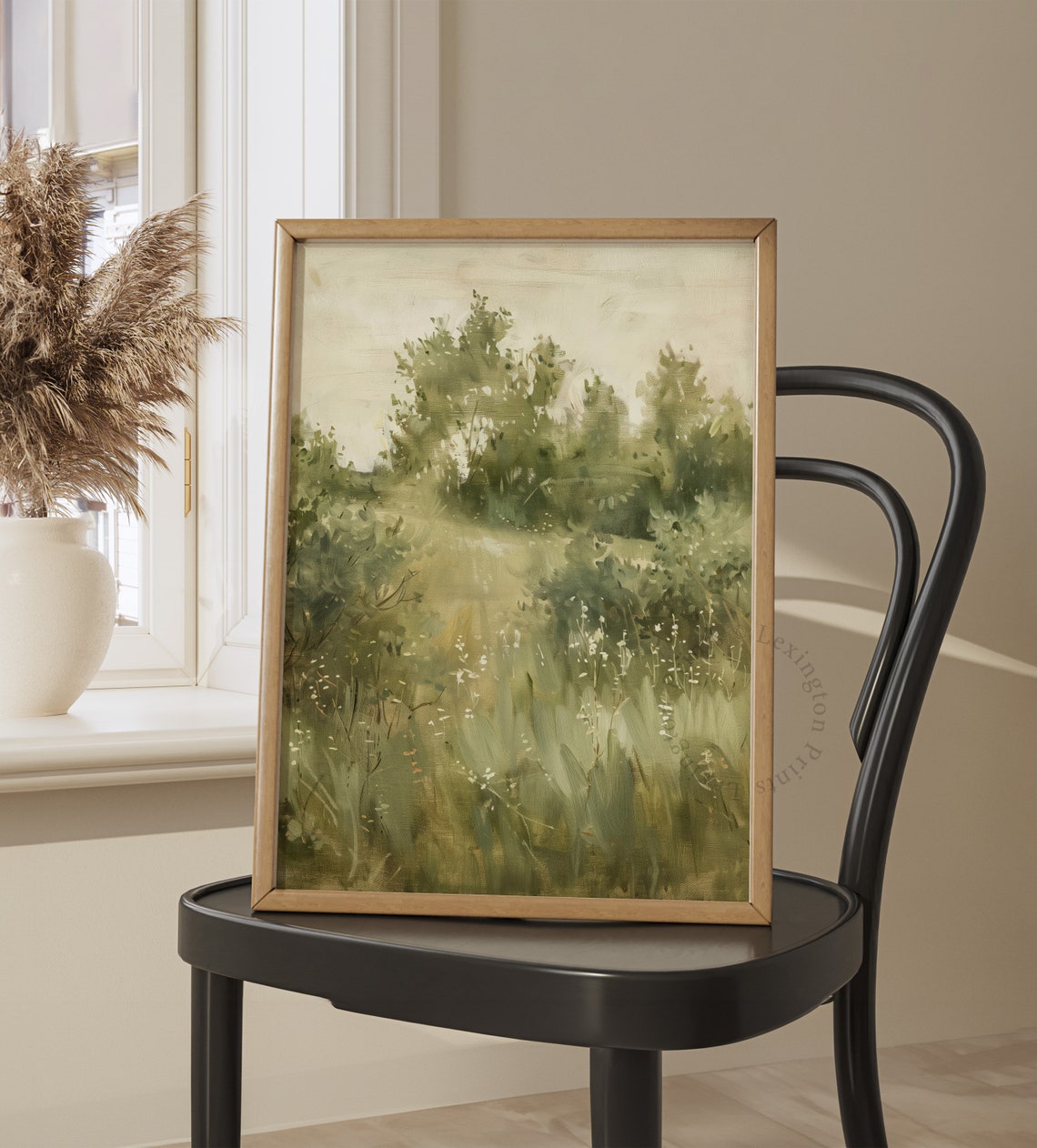 Serene Misty Green Meadow Watercolor Landscape Morning Light Art Print - Image 7