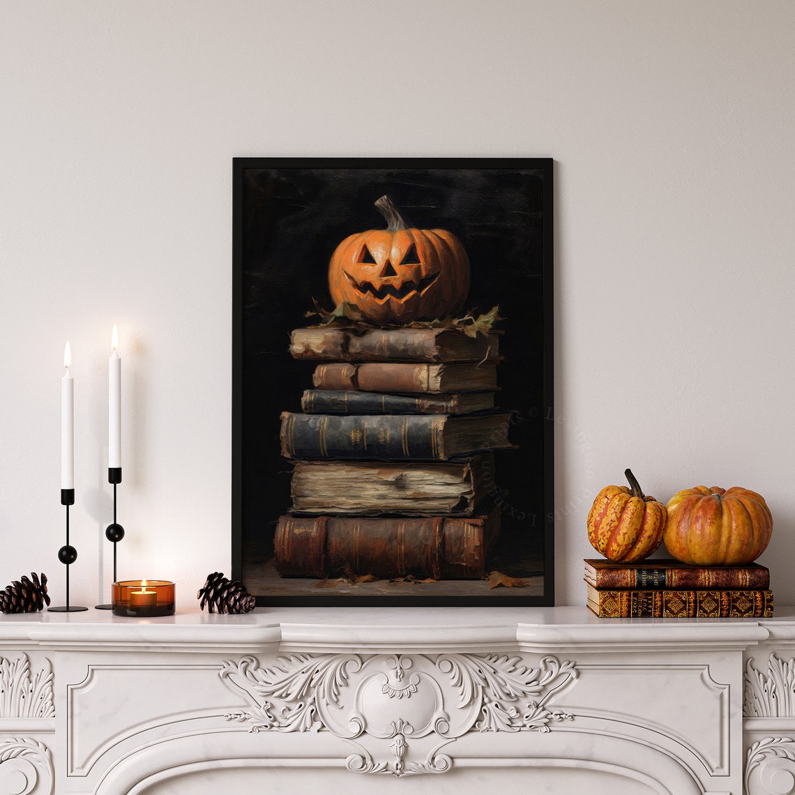 Jack-o-Lantern on Stack of Antique Books Dark Halloween Oil Poster - Image 5