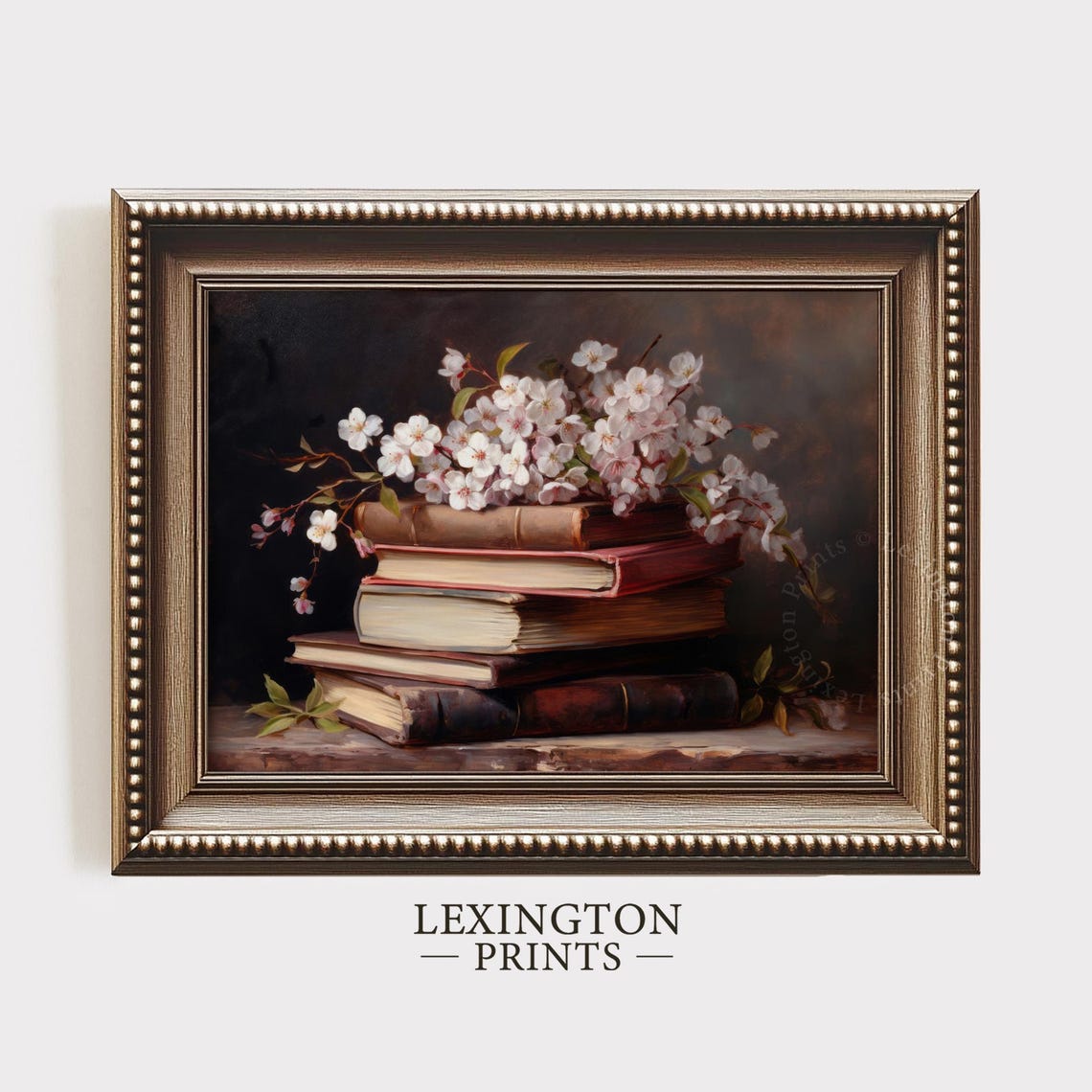 Cherry Blossom Branches Resting on Stack of Old Books Still Life Print - Image 4