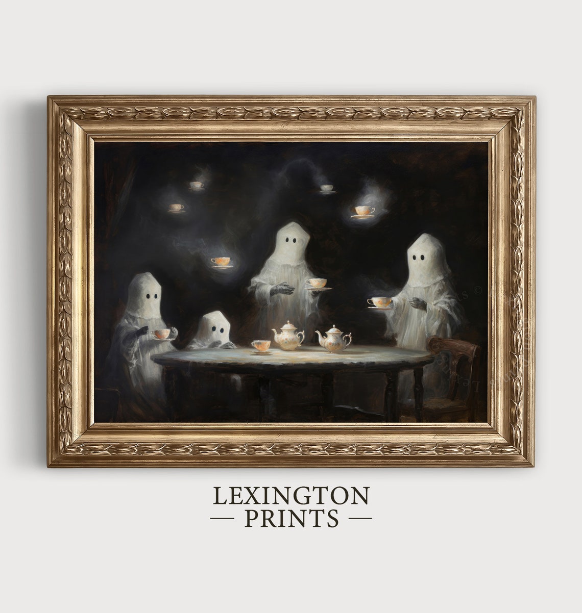 Cute Ghosts Tea Party Spooky Friends Vintage Style Halloween Wall Art - Image 3
