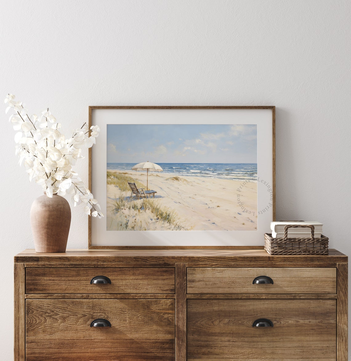 White Beach Umbrella Chairs Tranquil Ocean Oil Painting Coastal Poster - Image 4
