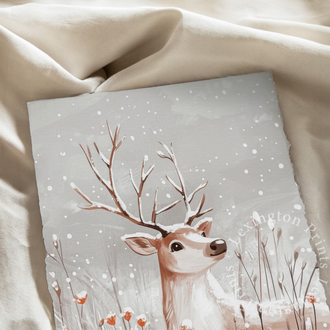 Young Deer Snowy Winter Field Illustrated Wildlife Painting Poster - Image 7