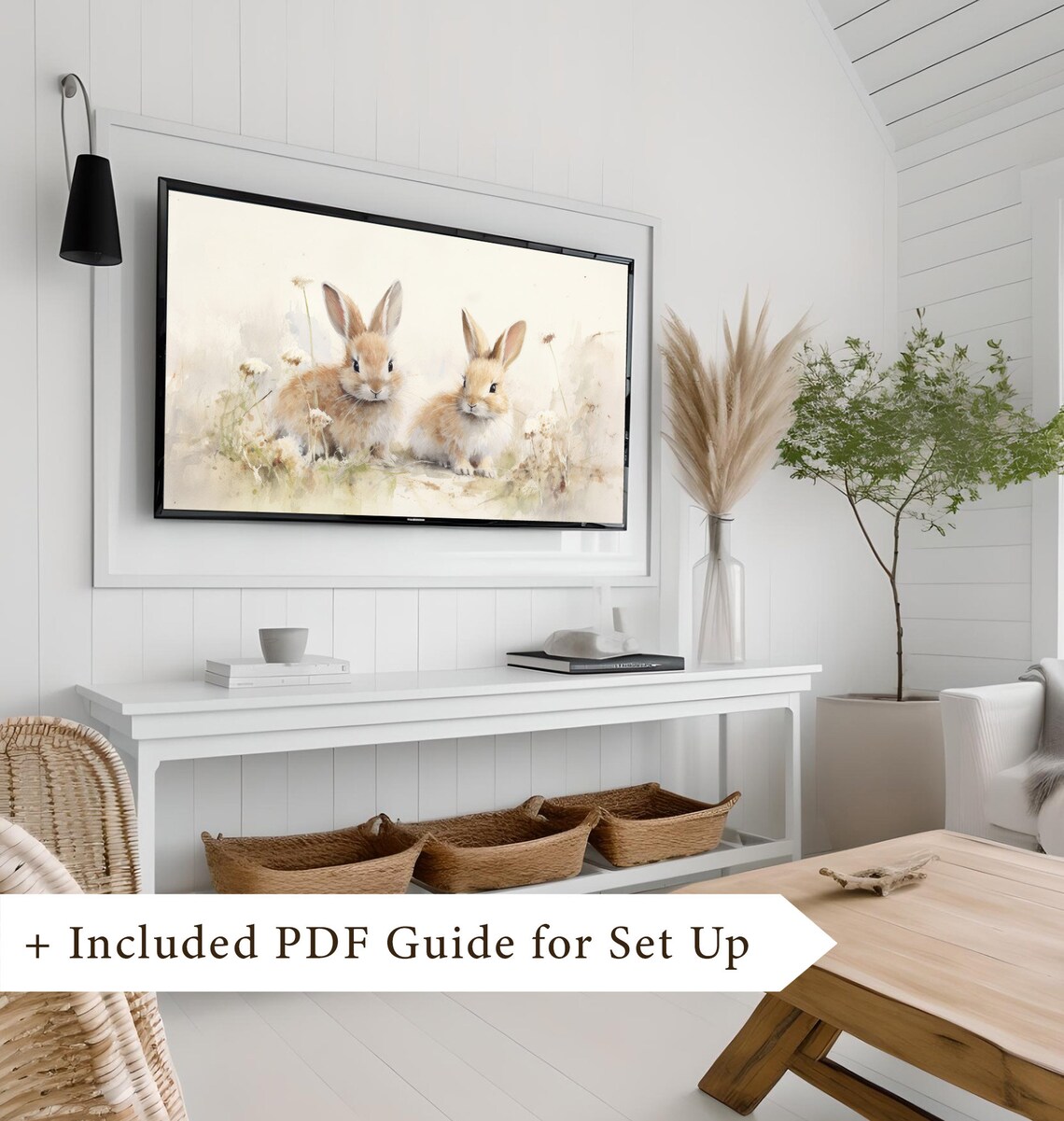 Baby Bunnies Pair Soft Watercolor Cream Background Easter Frame TV Art Poster - Image 8
