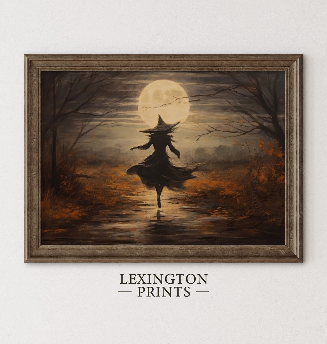 Witch Dancing Under Full Moon on Autumn Path Spooky Halloween Poster - Image 3