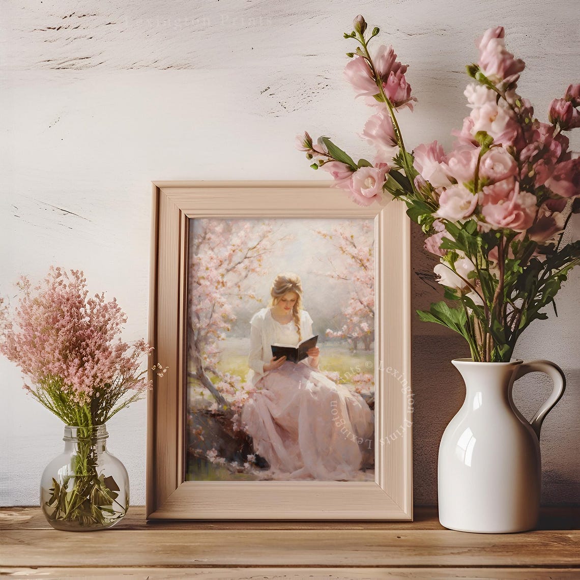 Woman Reading Book under Cherry Blossoms Pink Spring Garden Poster - Image 6