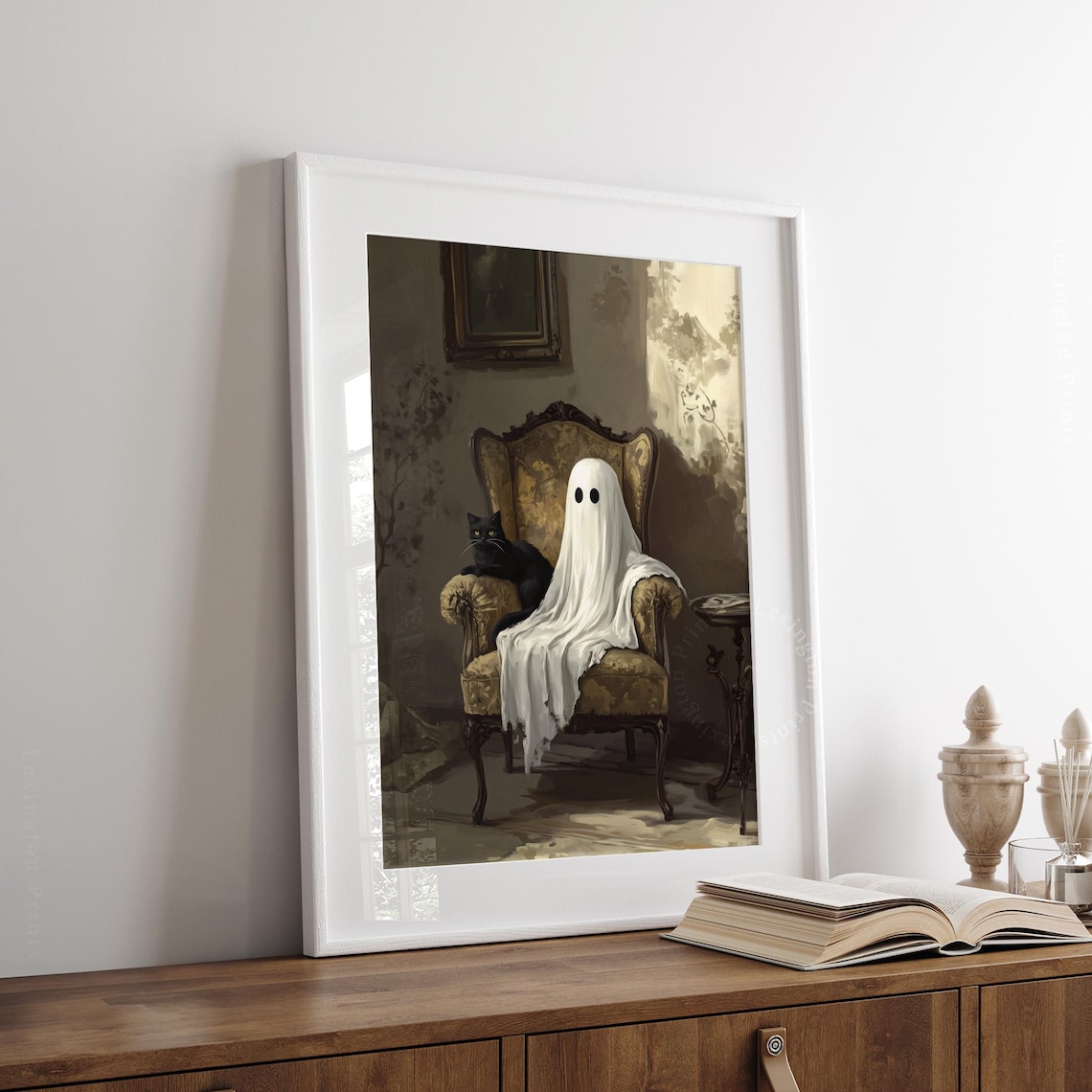 Ghost Sitting in Antique Armchair with Black Cat Moody Halloween Poster - Image 6