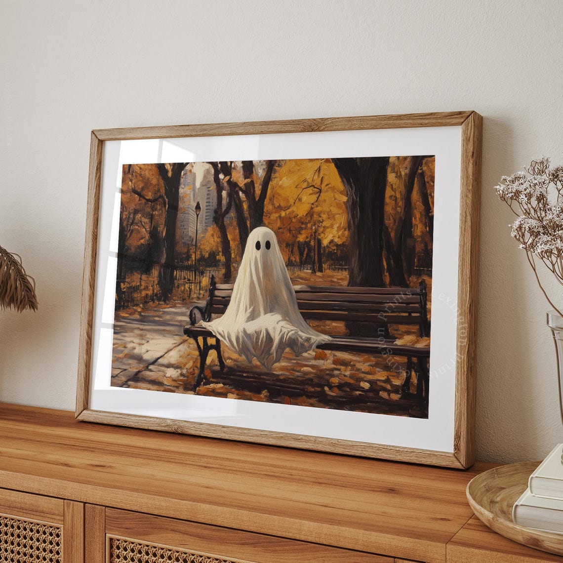 Cute Sheet Ghost on Park Bench Autumn Halloween Scene Poster - Image 8