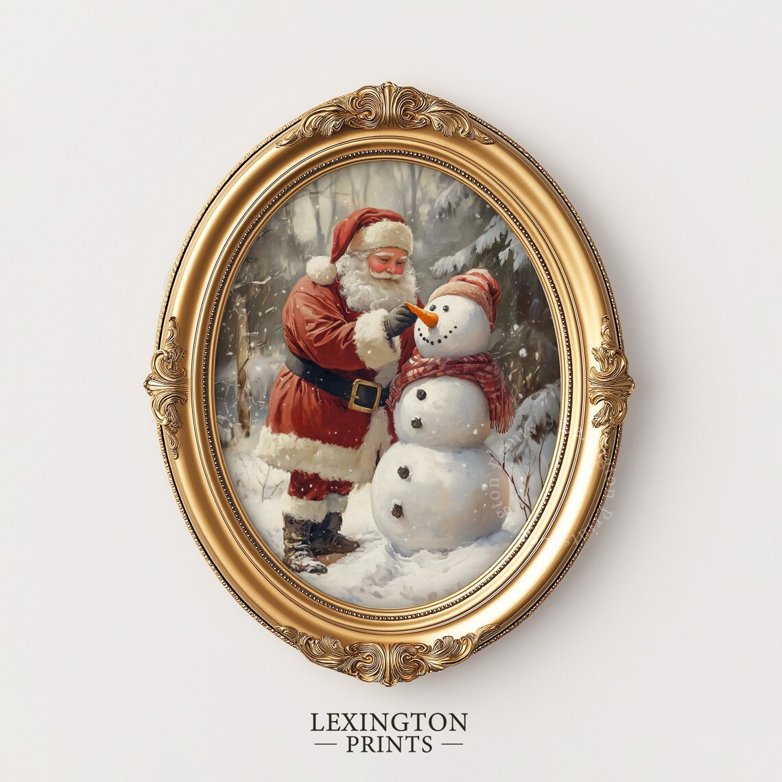 Santa Building a Happy Snowman in Vintage Winter Wonderland Poster - Image 3