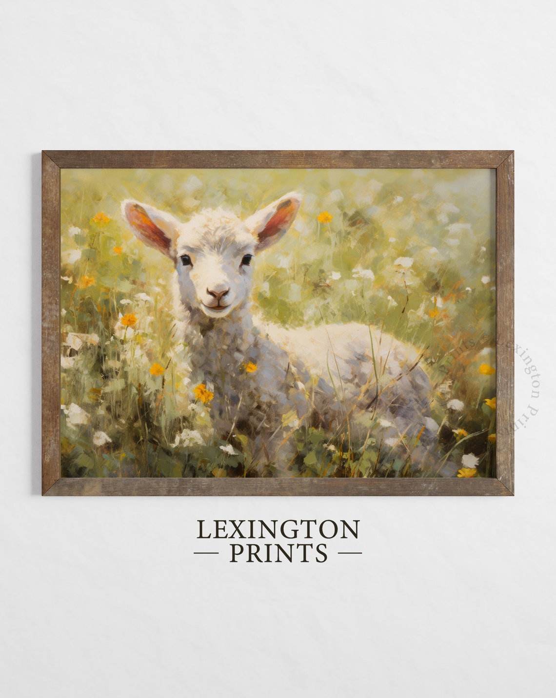 Adorable Lamb Standing in Sunny Wildflower Meadow Vintage Art Print - Image 2