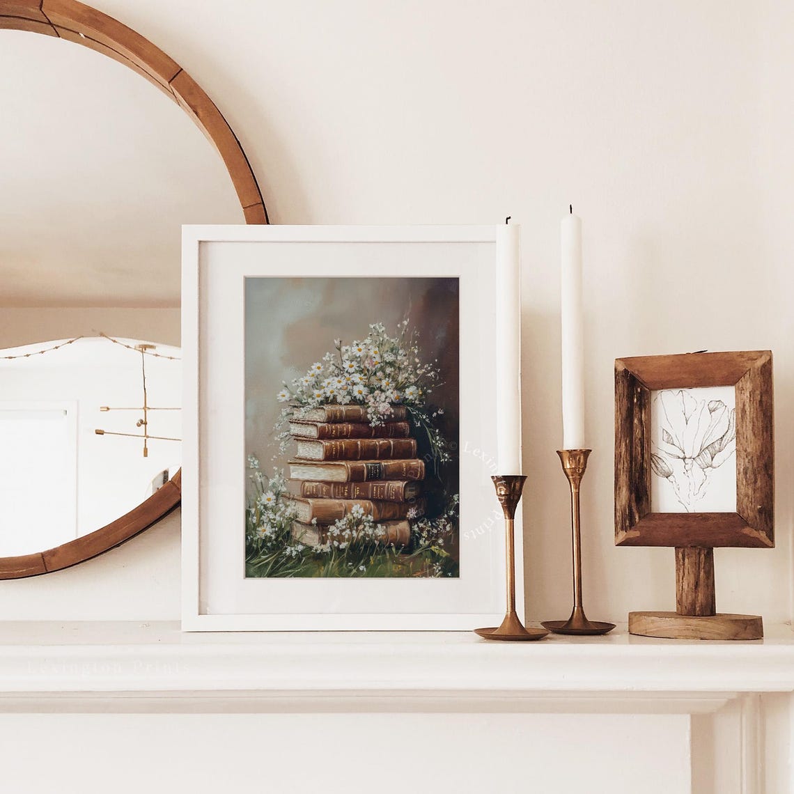 Vintage Books Stack Topped with Daisies Moody Floral Wall Art - Image 2
