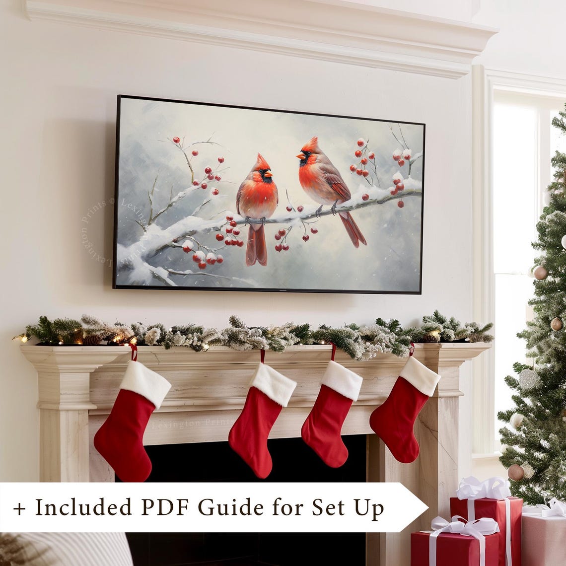 Two Red Cardinals perched on Snowy Branch Winter Bird Poster - Image 8