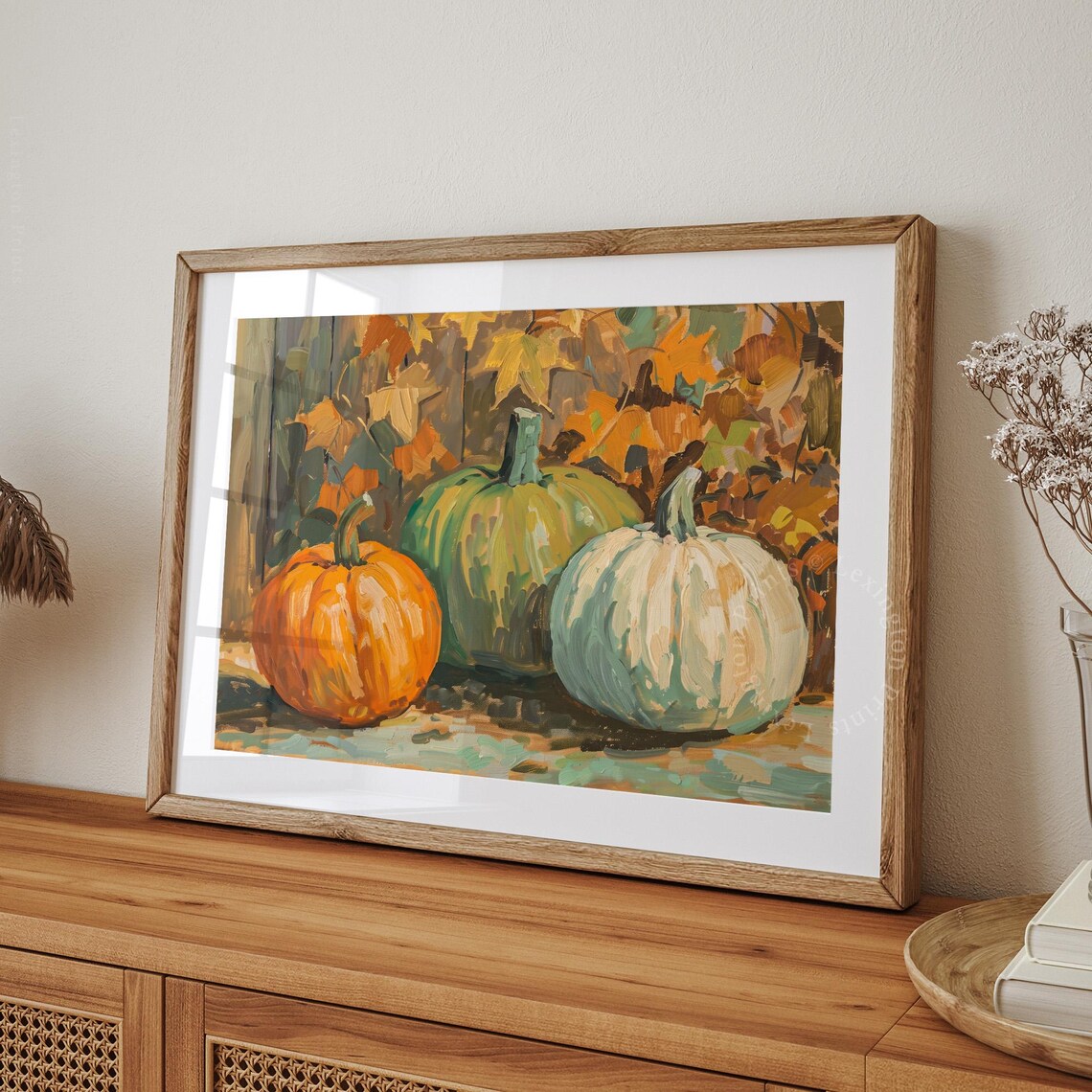 Three Pumpkins Still Life with Autumn Leaves Oil Painting Poster - Image 8