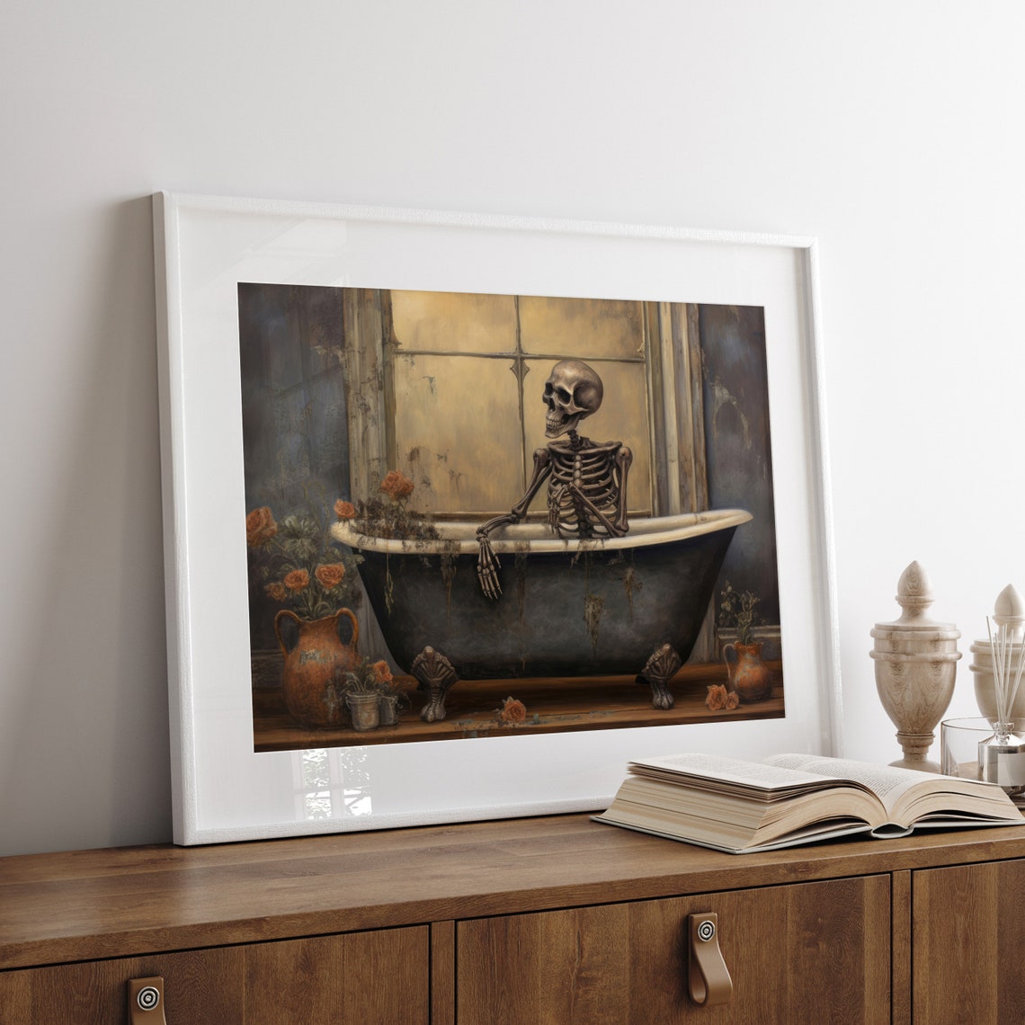 Skeleton in Vintage Clawfoot Bathtub Moody Halloween Wall Art - Image 5