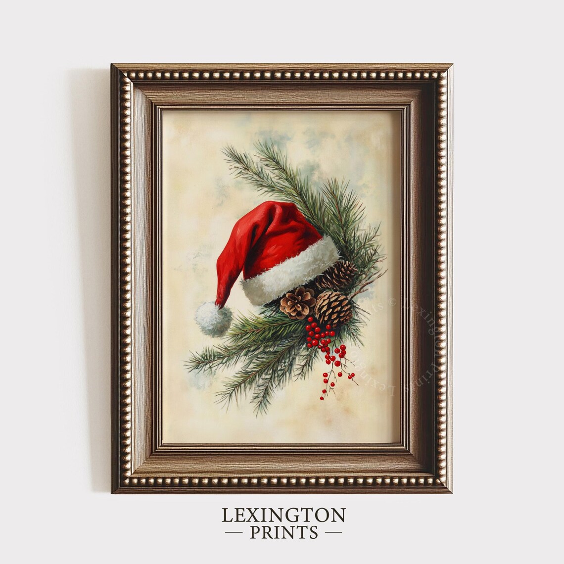 Santa Hat with Pine Branches and Pinecones Christmas Painting Poster - Image 5