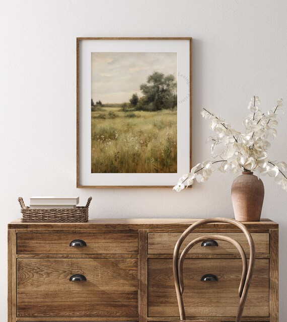 Golden Wildflower Meadow With Distant Trees Serene Landscape Art Print