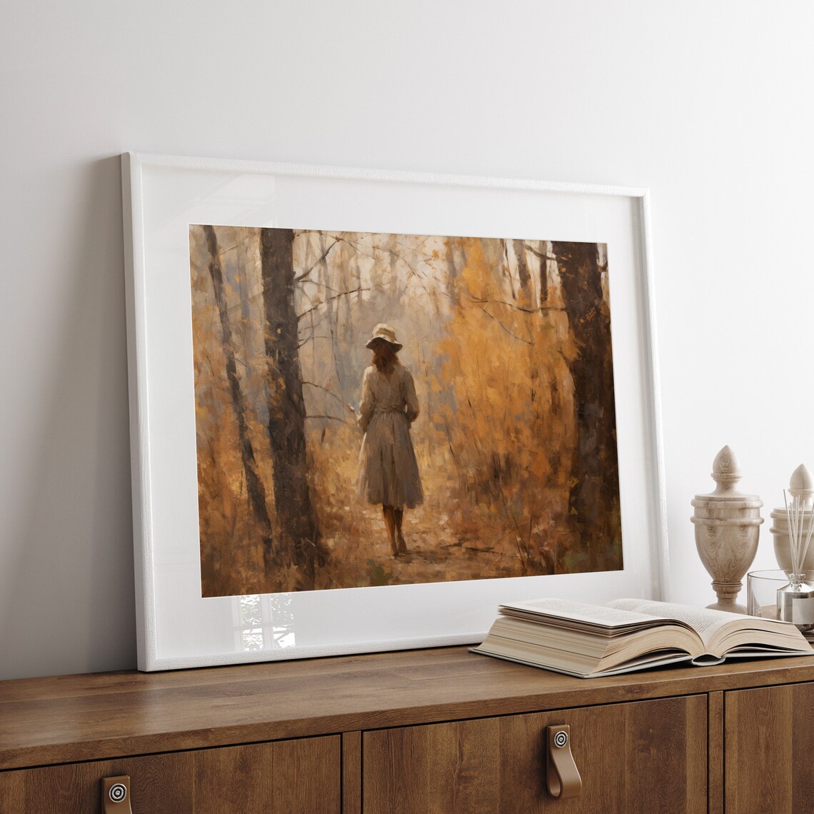 Woman Walking into Golden Autumn Forest Oil Painting Fall Poster - Image 4