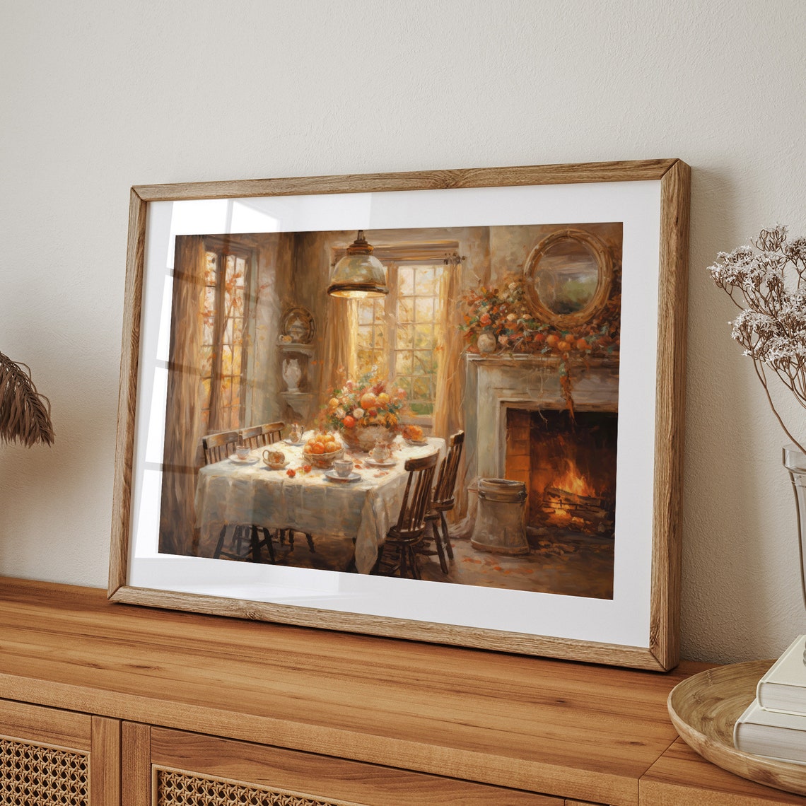 Cozy Autumn Dining Room with Fireplace Warm Fall Kitchen Wall Art - Image 7