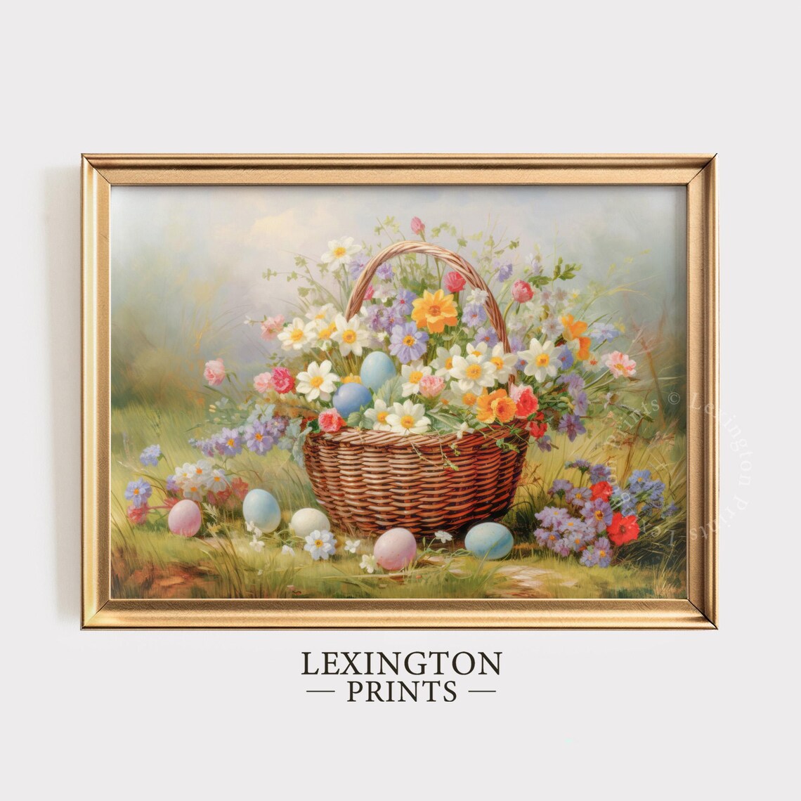 Easter Basket Spring Flowers Pastel Eggs Wicker Floral Still Life Poster