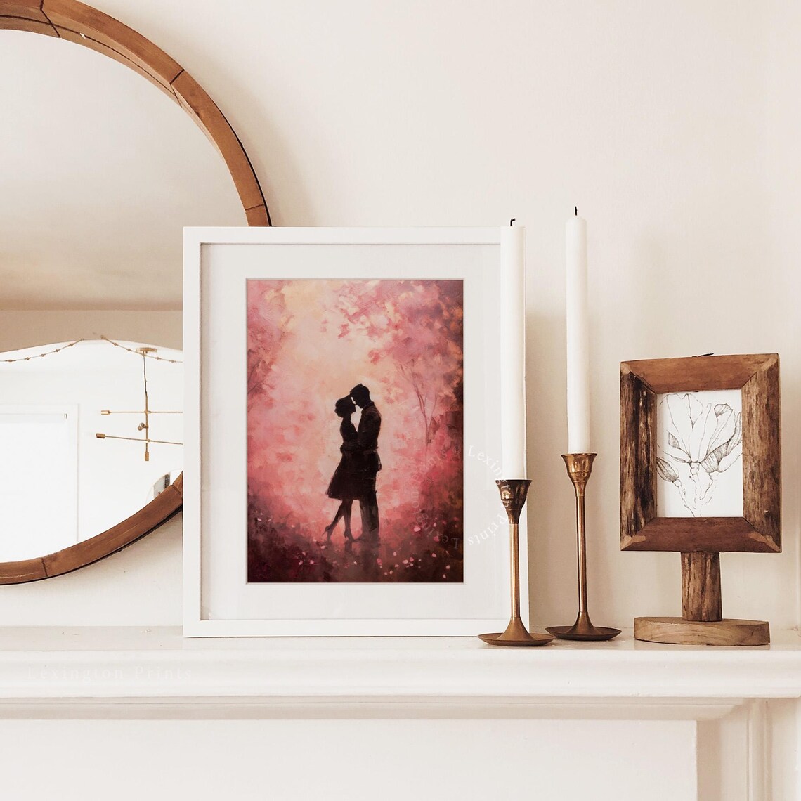 Romantic Couple Silhouette Kiss Pink Blossom Oil Painting Love Poster - Image 2