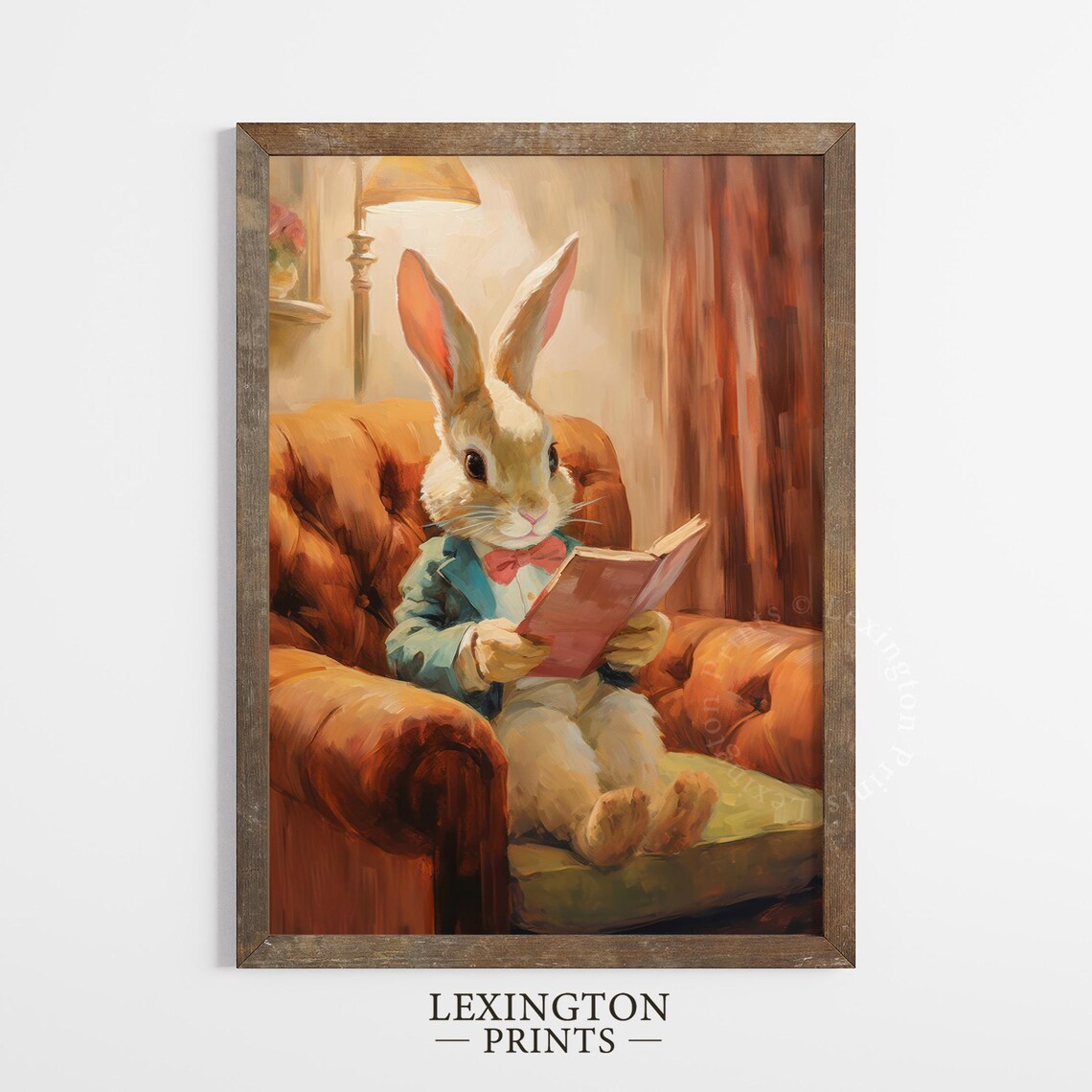 Dapper Rabbit Reading a Book in Leather Armchair Vintage Storybook Poster - Image 2