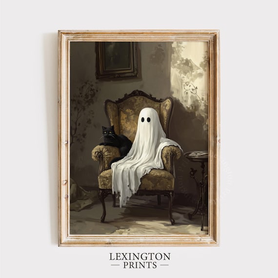 Ghost Sitting in Antique Armchair with Black Cat Moody Halloween Poster